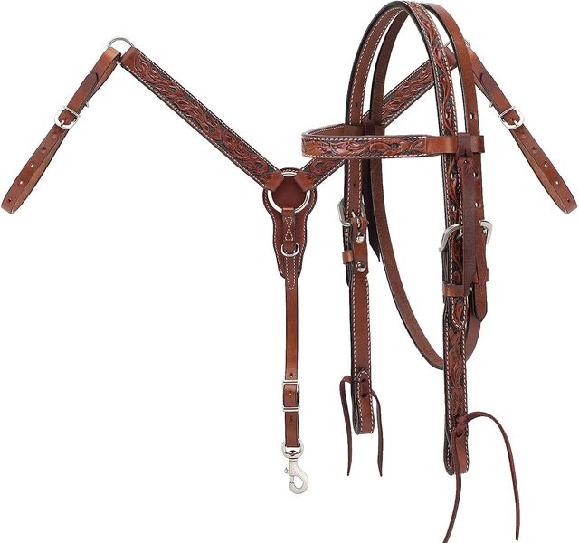 Hand-Tooled Western Leather Bridle & Breast Collar Set