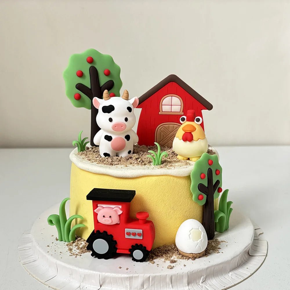 Cartoon Farm Cake Toppers Set with Cow Chicken Tractor