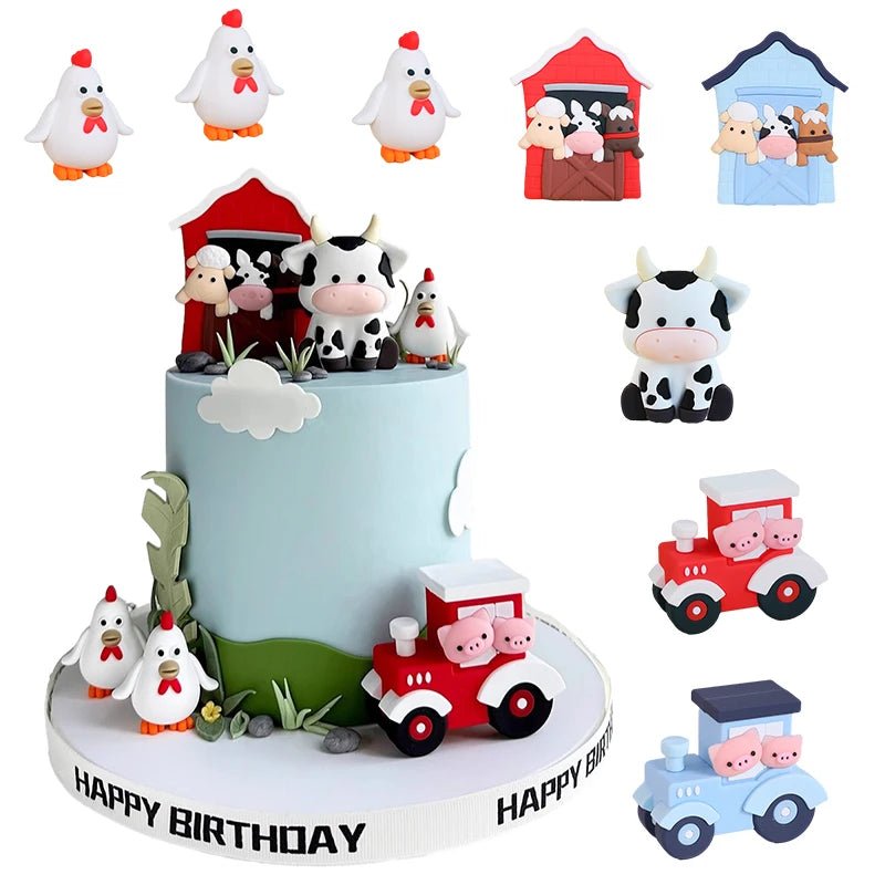 Farm Theme Cake Toppers Set with Cow Animal Decor